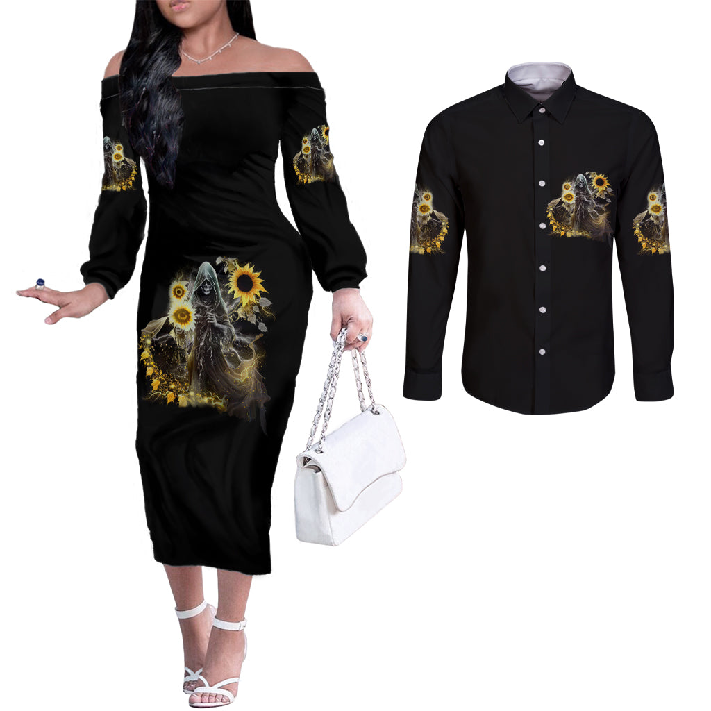 I Am The Storm Reaper Sunflower Roses Wings Couples Matching Off The Shoulder Long Sleeve Dress and Long Sleeve Button Shirt TS04