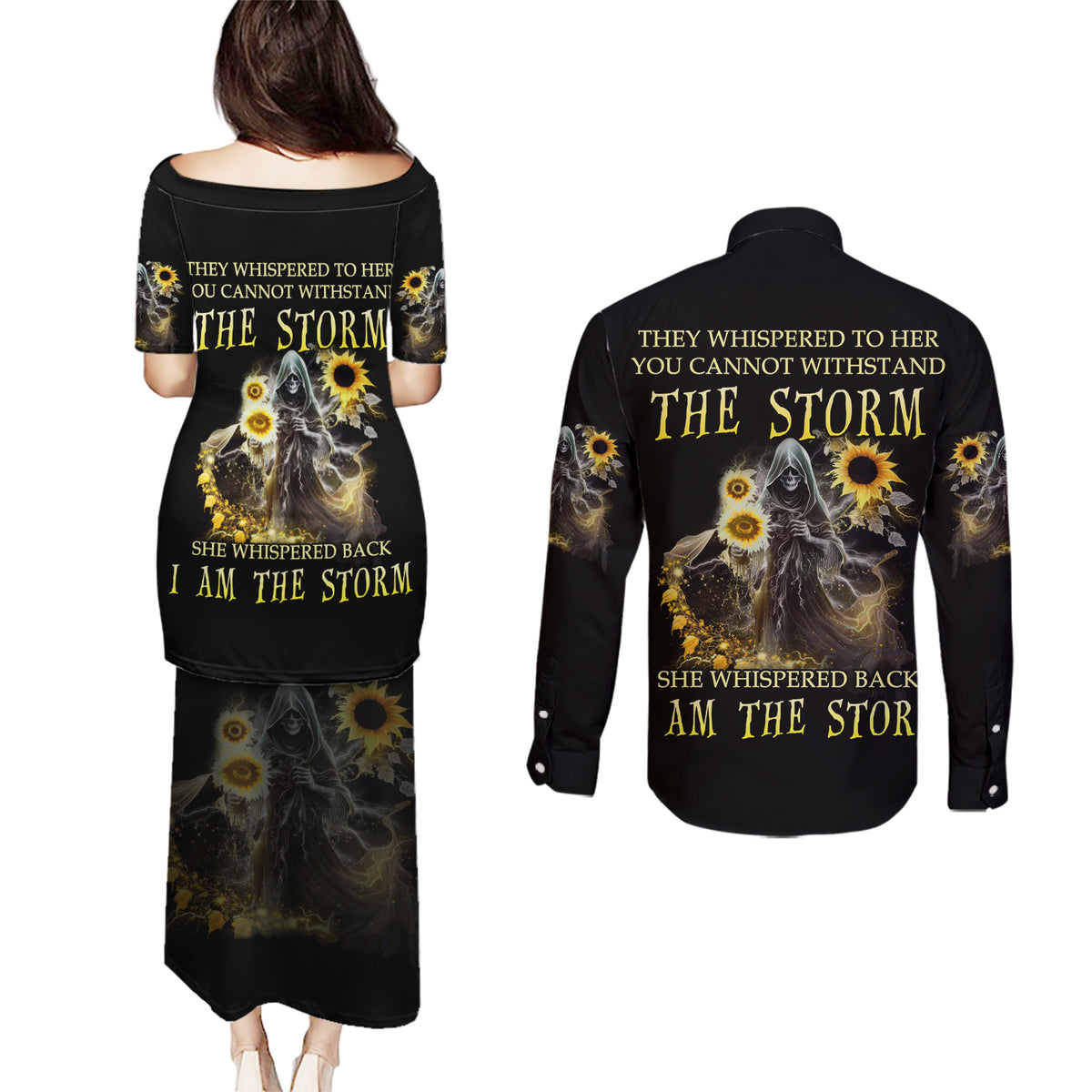 I Am The Storm Reaper Sunflower Roses Wings Couples Matching Puletasi Dress and Long Sleeve Button Shirt - Wonder Print Shop