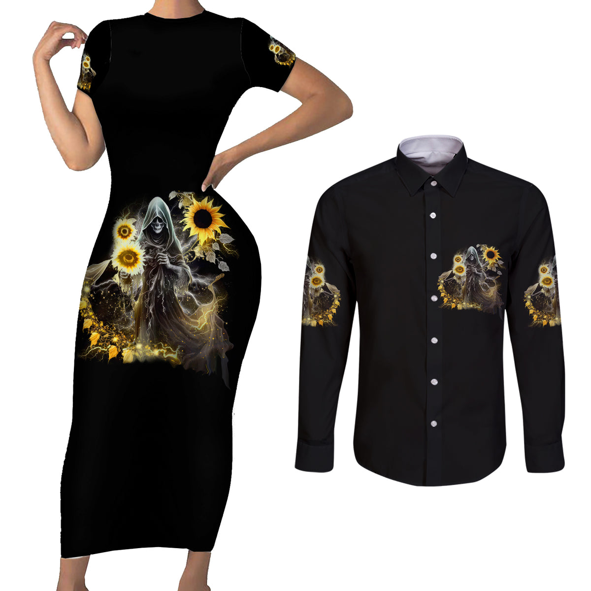 I Am The Storm Reaper Sunflower Roses Wings Couples Matching Short Sleeve Bodycon Dress and Long Sleeve Button Shirt - Wonder Print Shop