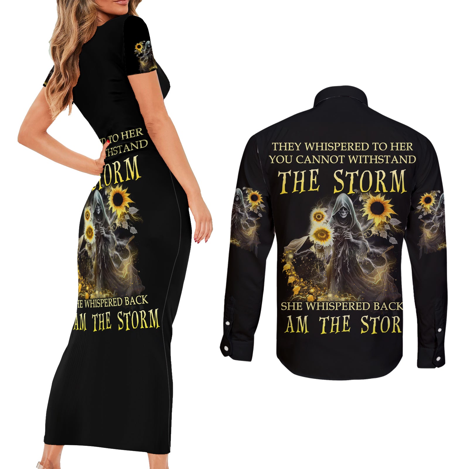 I Am The Storm Reaper Sunflower Roses Wings Couples Matching Short Sleeve Bodycon Dress and Long Sleeve Button Shirt - Wonder Print Shop