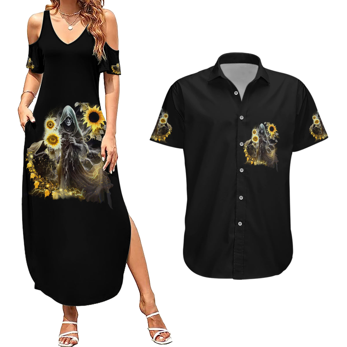 I Am The Storm Reaper Sunflower Roses Wings Couples Matching Summer Maxi Dress and Hawaiian Shirt - Wonder Print Shop