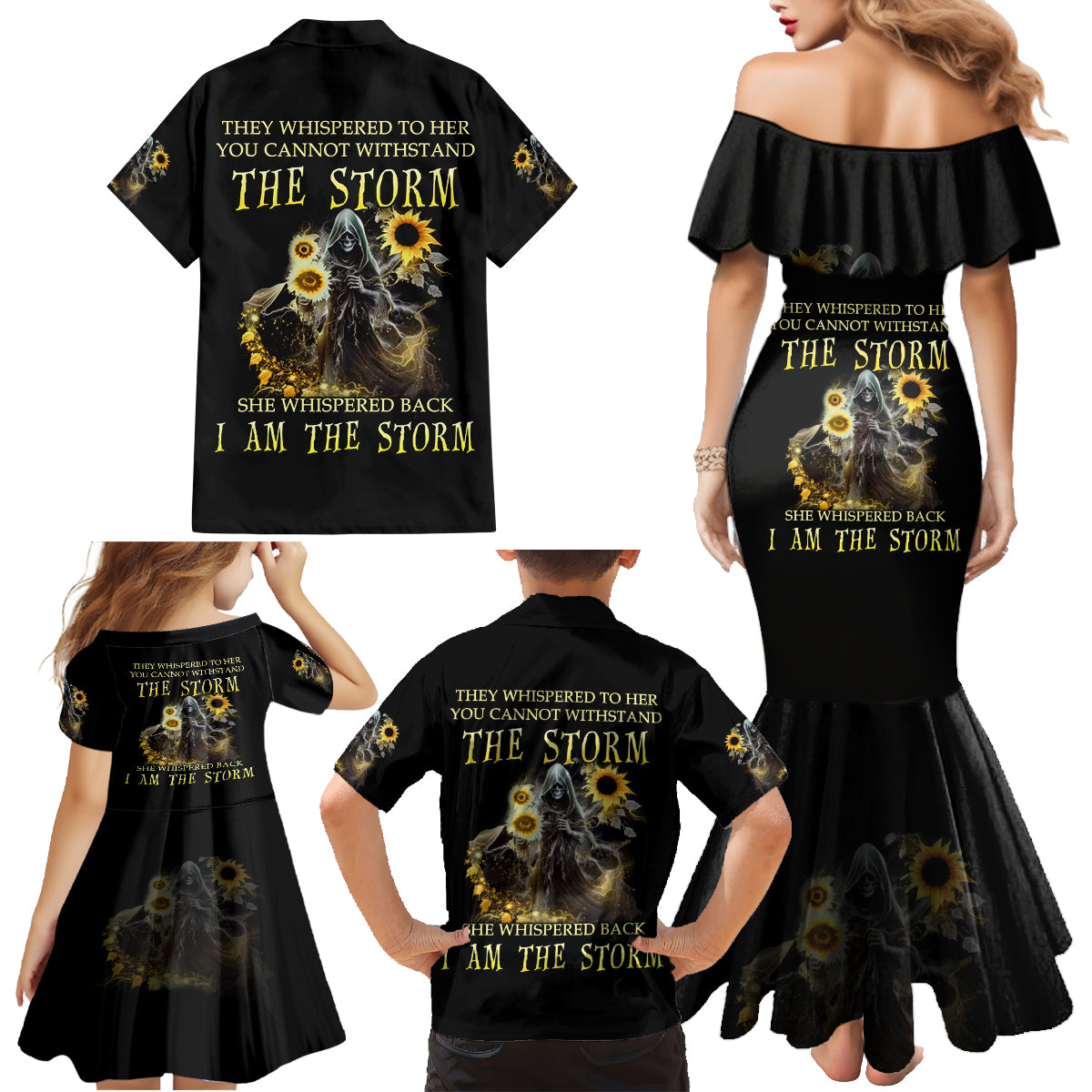 I Am The Storm Reaper Sunflower Roses Wings Family Matching Mermaid Dress and Hawaiian Shirt - Wonder Print Shop