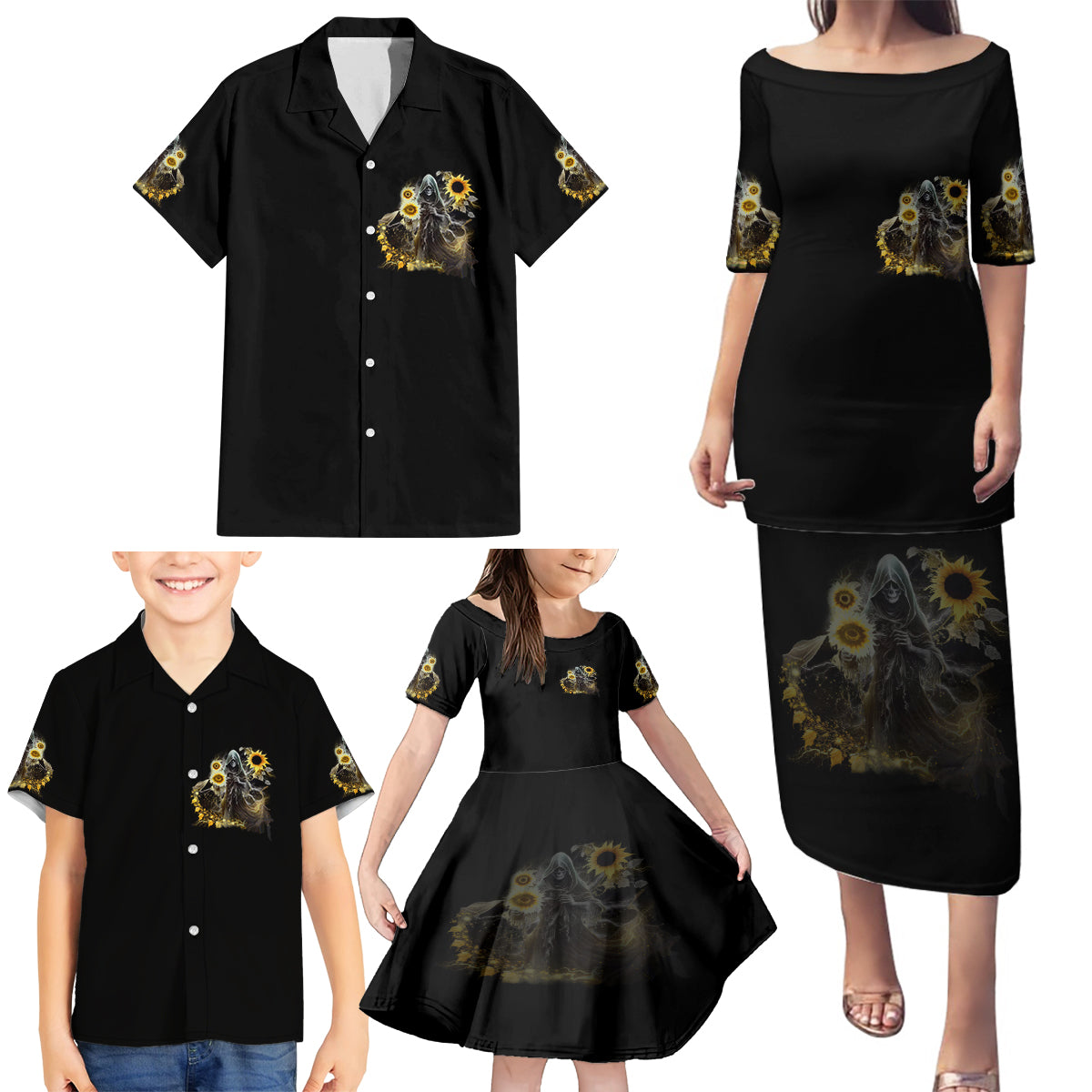 I Am The Storm Reaper Sunflower Roses Wings Family Matching Puletasi Dress and Hawaiian Shirt - Wonder Print Shop