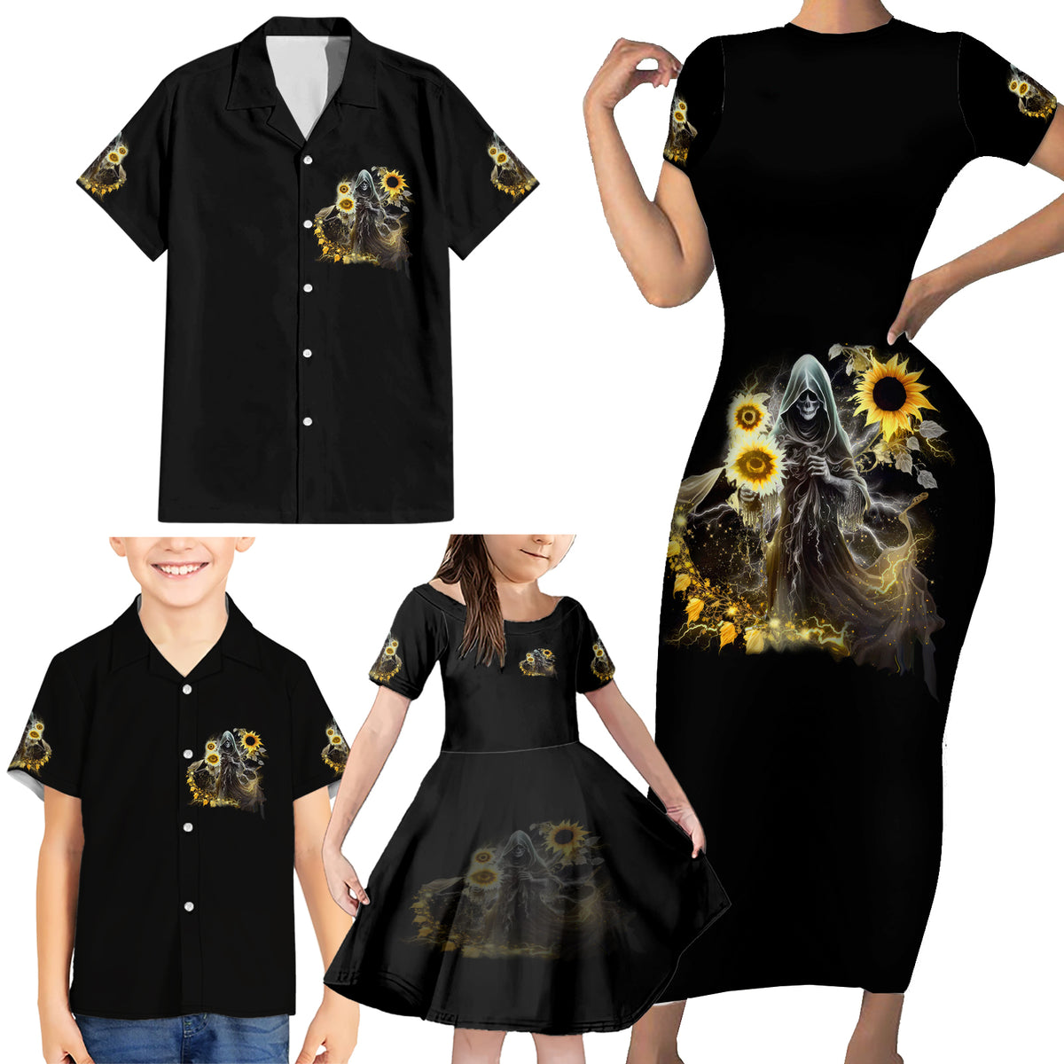 I Am The Storm Reaper Sunflower Roses Wings Family Matching Short Sleeve Bodycon Dress and Hawaiian Shirt - Wonder Print Shop