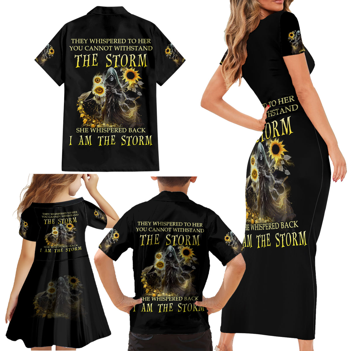 I Am The Storm Reaper Sunflower Roses Wings Family Matching Short Sleeve Bodycon Dress and Hawaiian Shirt - Wonder Print Shop