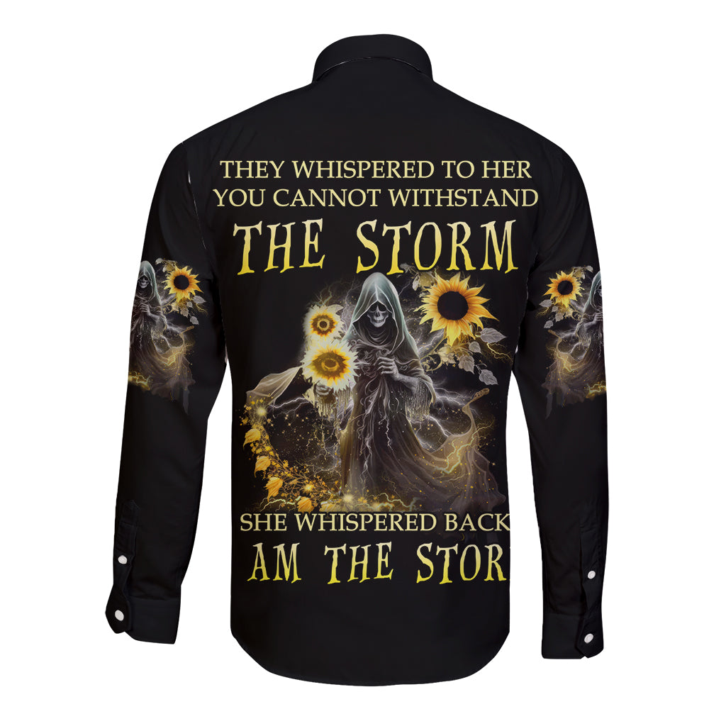 I Am The Storm Reaper Sunflower Roses Wings Long Sleeve Button Shirt - Wonder Print Shop