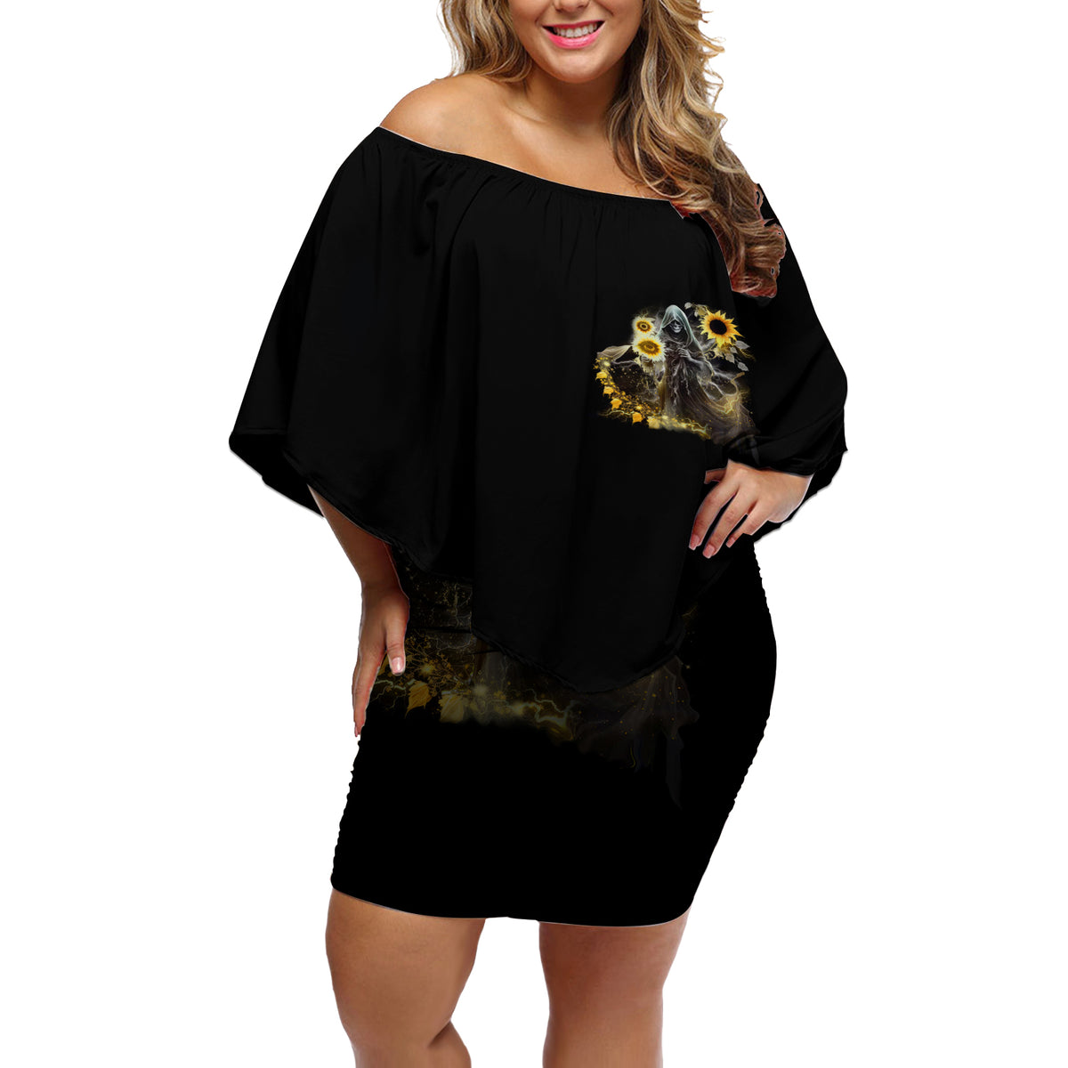 I Am The Storm Reaper Sunflower Roses Wings Off Shoulder Short Dress - Wonder Print Shop