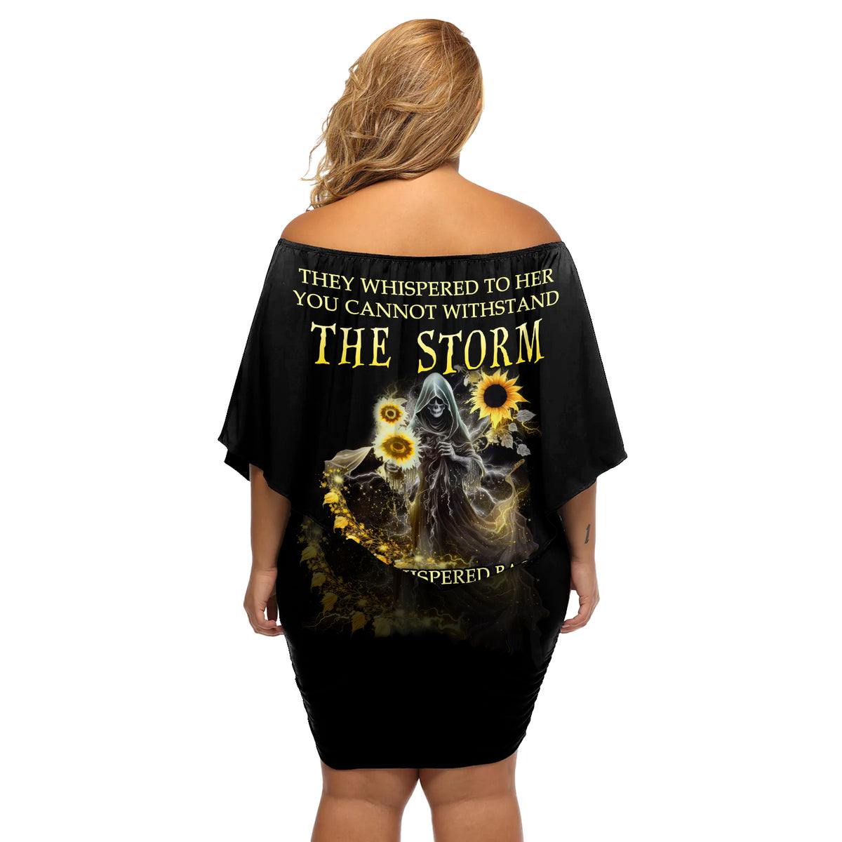 I Am The Storm Reaper Sunflower Roses Wings Off Shoulder Short Dress - Wonder Print Shop