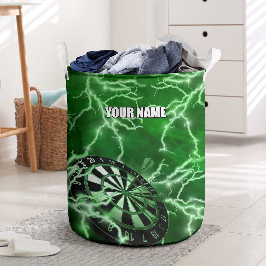 Personalized Darts Lightning Green Storm Laundry Basket with Electric Energy Pattern and Dartboard Graphics - Wonder Print Shop