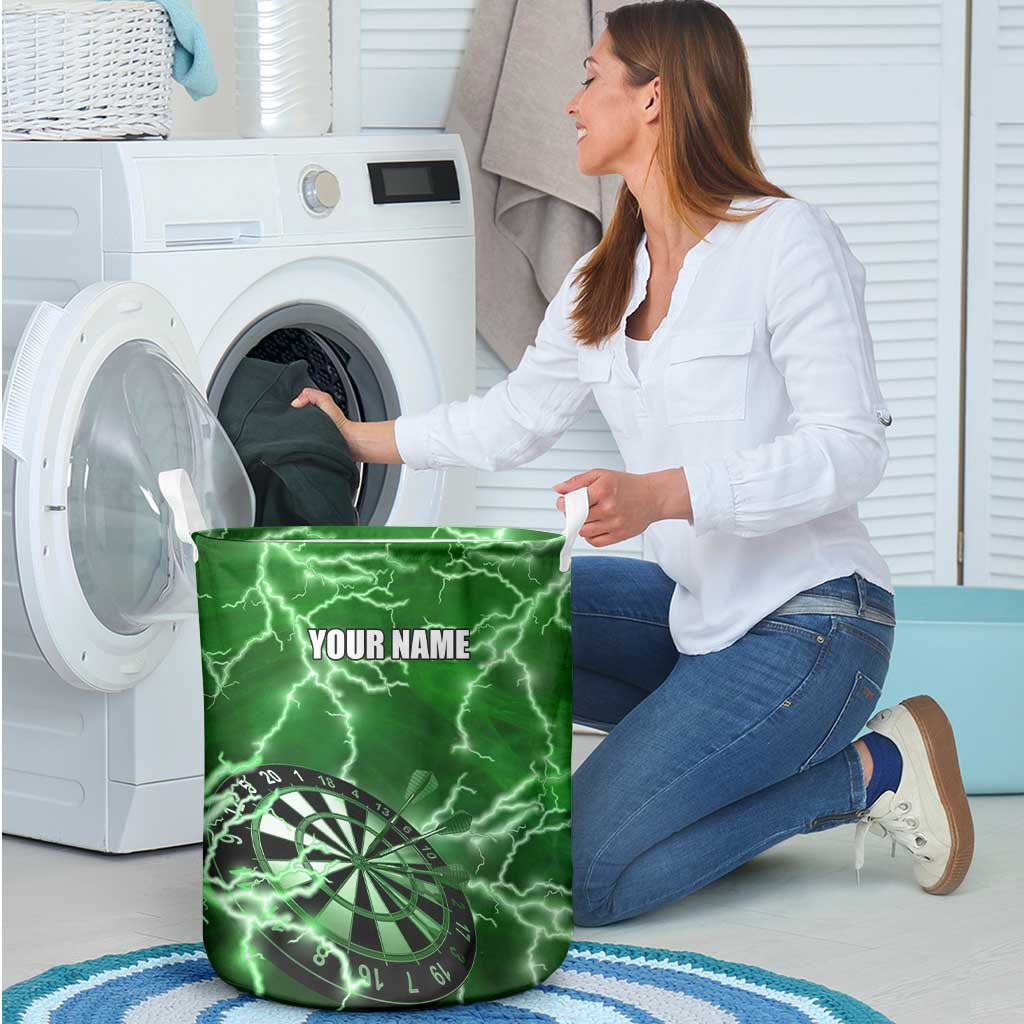 Personalized Darts Lightning Green Storm Laundry Basket with Electric Energy Pattern and Dartboard Graphics - Wonder Print Shop