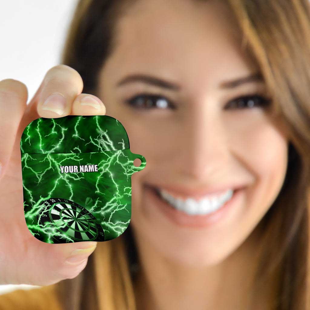 Personalized Darts Lightning Green Storm AirPods Case with Electric Energy Pattern and Dartboard Graphics - Wonder Print Shop