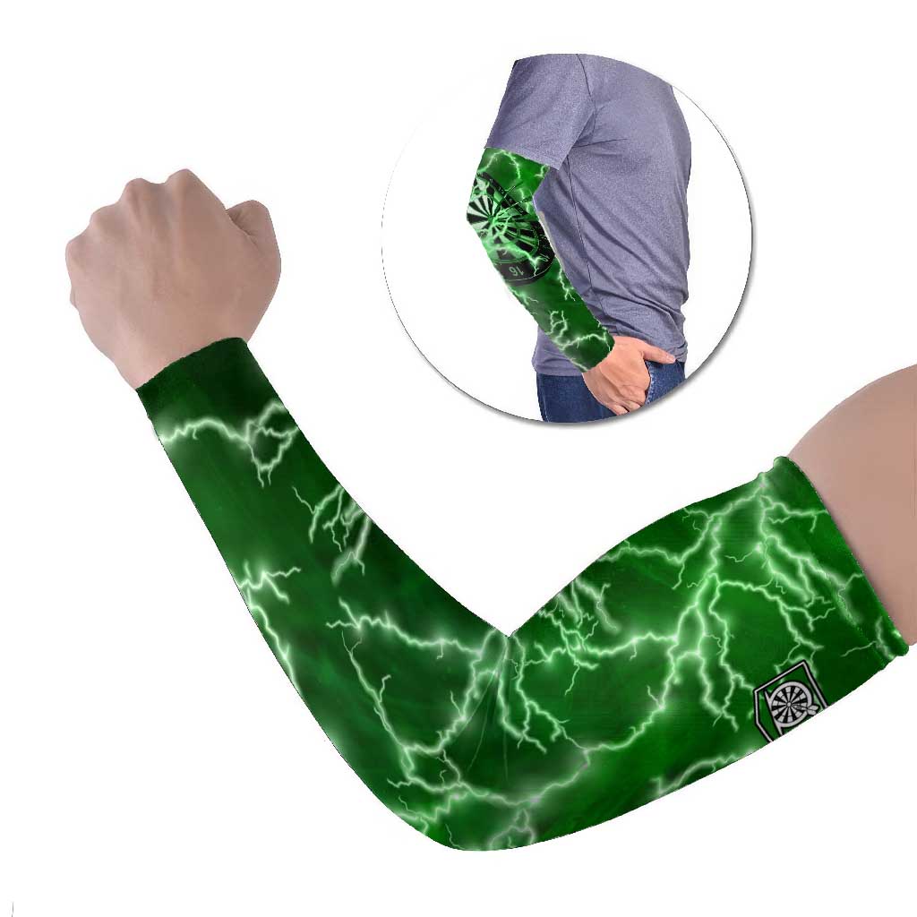 Personalized Darts Lightning Green Storm Arm Sleeves with Electric Energy Pattern and Dartboard Graphics - Wonder Print Shop