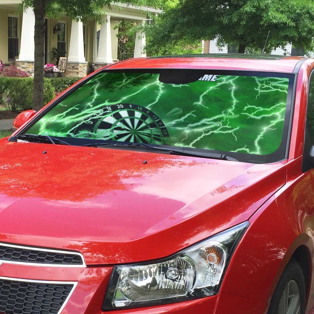 Personalized Darts Lightning Green Storm Auto Sun Shade with Electric Energy Pattern and Dartboard Graphics - Wonder Print Shop
