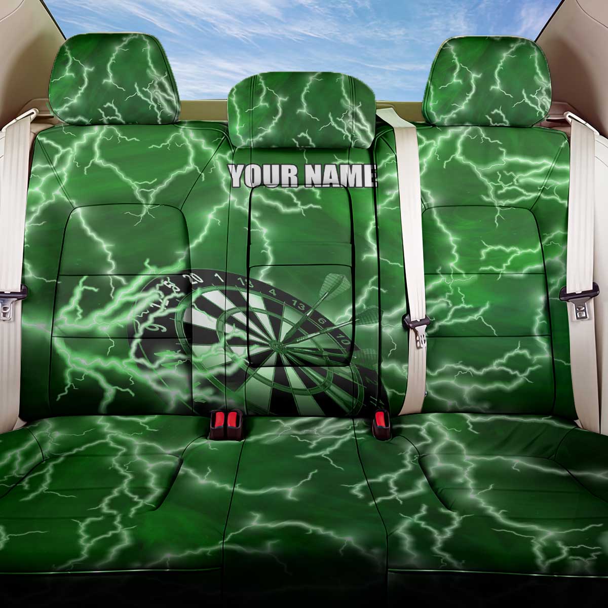 Personalized Darts Lightning Green Storm Back Car Seat Cover with Electric Energy Pattern and Dartboard Graphics - Wonder Print Shop
