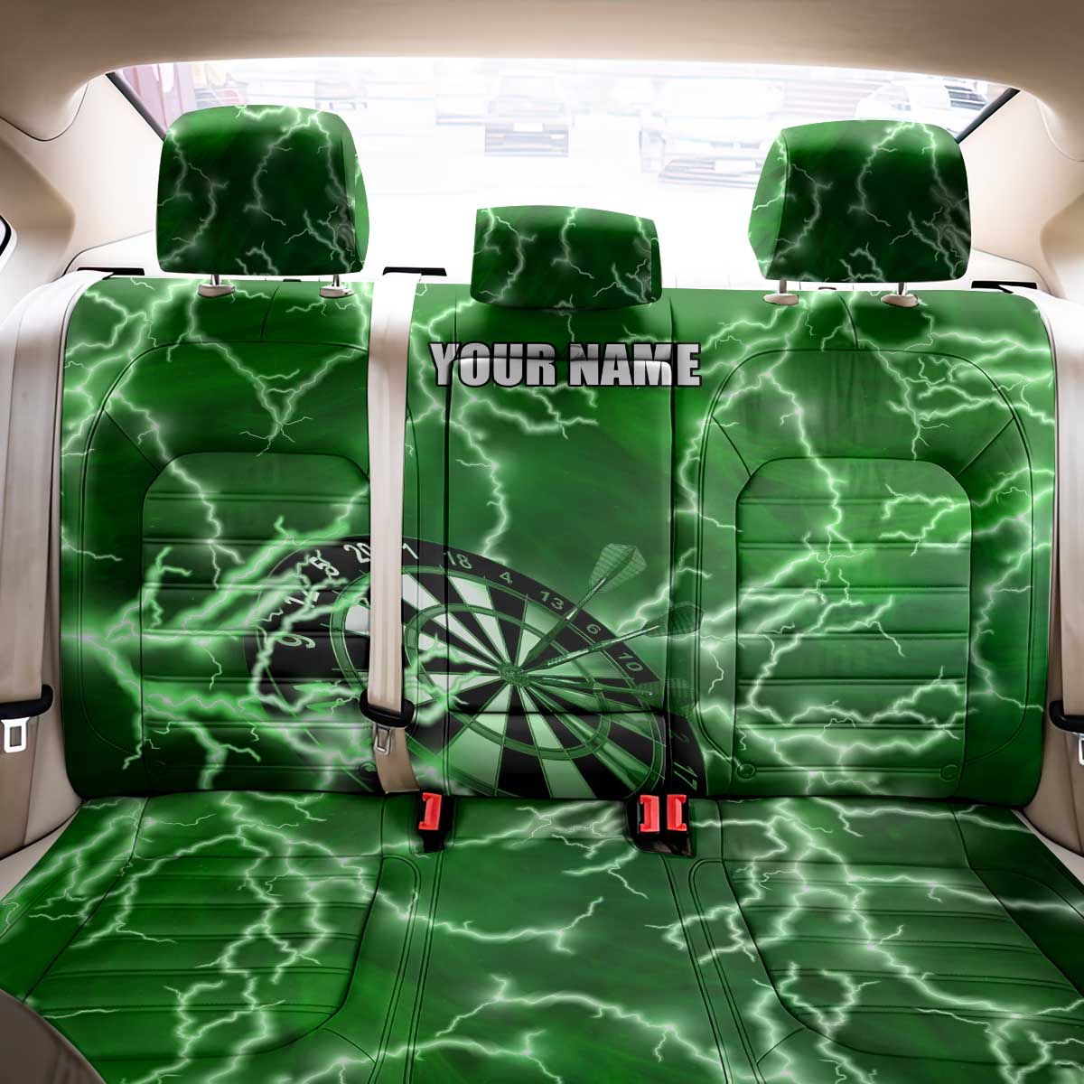 Personalized Darts Lightning Green Storm Back Car Seat Cover with Electric Energy Pattern and Dartboard Graphics - Wonder Print Shop