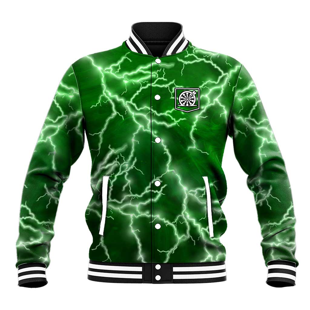Personalized Darts Lightning Green Storm Baseball Jacket with Electric Energy Pattern and Dartboard Graphics - Wonder Print Shop