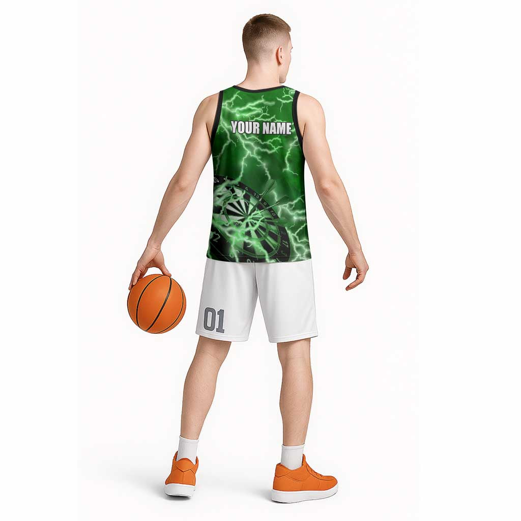 Personalized Darts Lightning Green Storm Basketball Jersey with Electric Energy Pattern and Dartboard Graphics - Wonder Print Shop