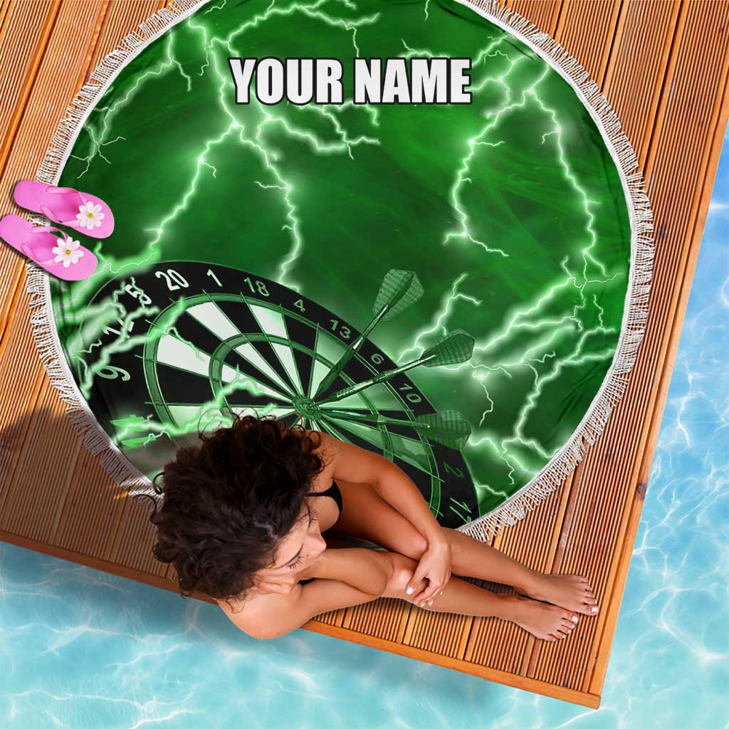 Personalized Darts Lightning Green Storm Beach Blanket with Electric Energy Pattern and Dartboard Graphics - Wonder Print Shop