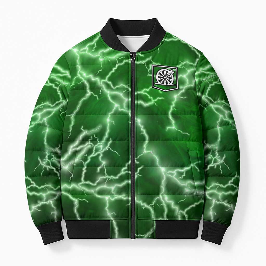 Personalized Darts Lightning Green Storm Bomber Puffer Jacket with Electric Energy Pattern and Dartboard Graphics - Wonder Print Shop