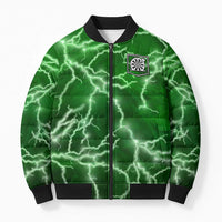 Personalized Darts Lightning Green Storm Bomber Puffer Jacket with Electric Energy Pattern and Dartboard Graphics - Wonder Print Shop