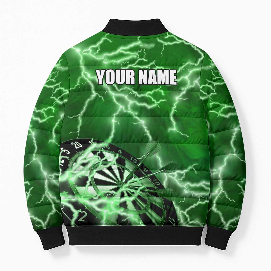 Personalized Darts Lightning Green Storm Bomber Puffer Jacket with Electric Energy Pattern and Dartboard Graphics - Wonder Print Shop