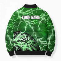 Personalized Darts Lightning Green Storm Bomber Puffer Jacket with Electric Energy Pattern and Dartboard Graphics - Wonder Print Shop