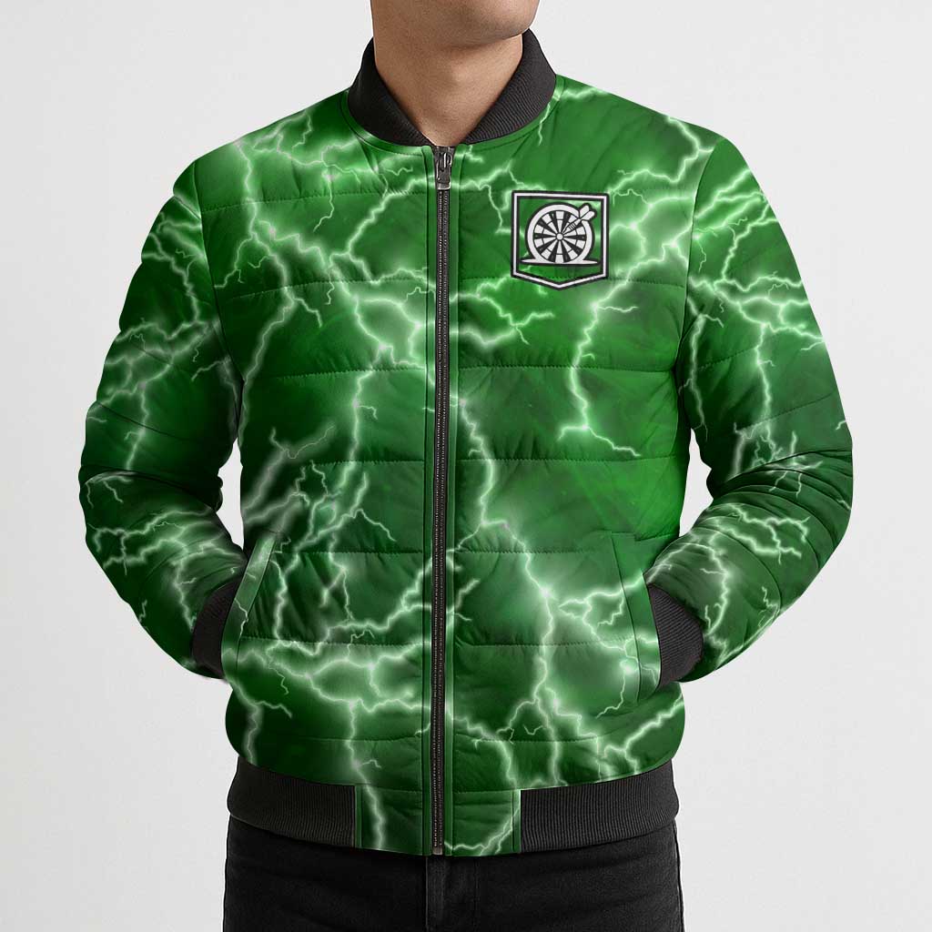 Personalized Darts Lightning Green Storm Bomber Puffer Jacket with Electric Energy Pattern and Dartboard Graphics - Wonder Print Shop