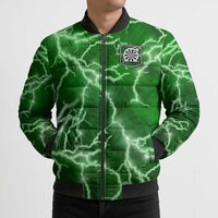 Personalized Darts Lightning Green Storm Bomber Puffer Jacket with Electric Energy Pattern and Dartboard Graphics - Wonder Print Shop