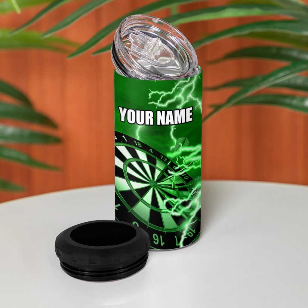 Personalized Darts Lightning Green Storm 4 in 1 Can Cooler Tumbler with Electric Energy Pattern and Dartboard Graphics - Wonder Print Shop