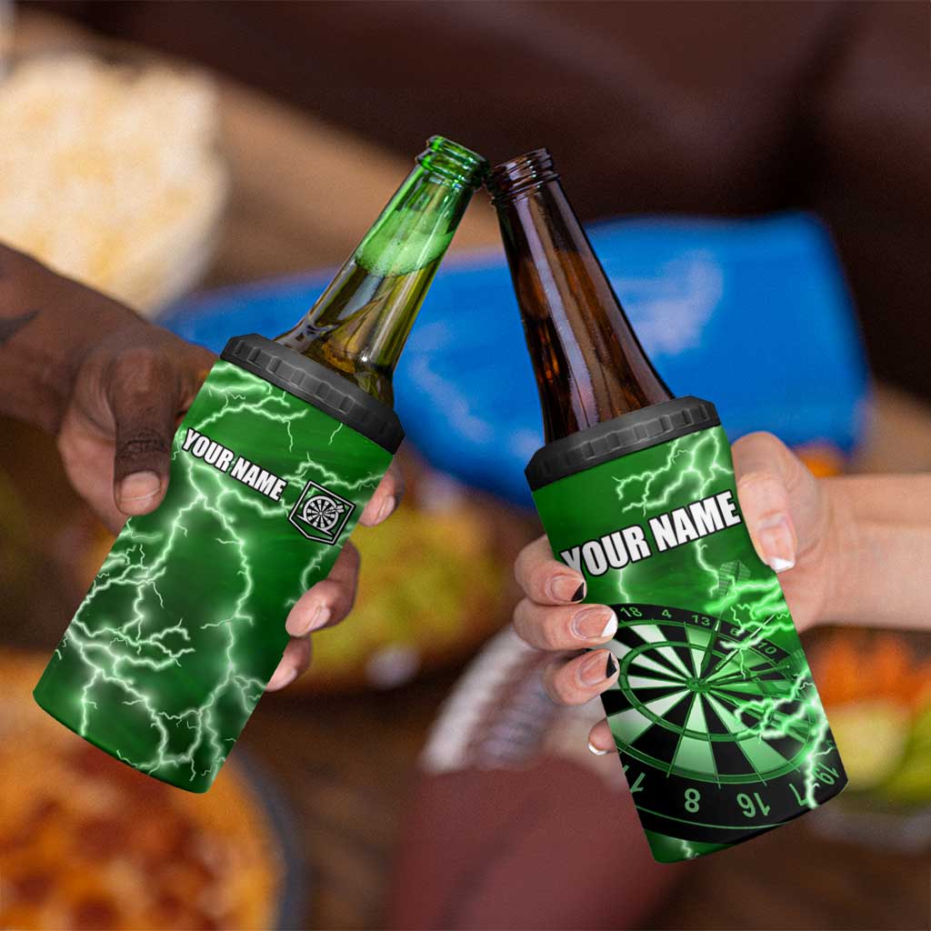 Personalized Darts Lightning Green Storm 4 in 1 Can Cooler Tumbler with Electric Energy Pattern and Dartboard Graphics - Wonder Print Shop