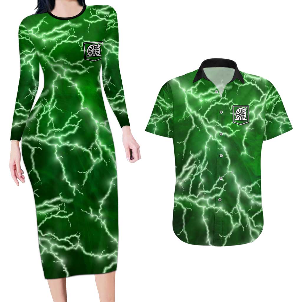 Personalized Darts Lightning Green Storm Couples Matching Long Sleeve Bodycon Dress and Hawaiian Shirt with Electric Energy Pattern and Dartboard Graphics - Wonder Print Shop