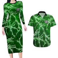 Personalized Darts Lightning Green Storm Couples Matching Long Sleeve Bodycon Dress and Hawaiian Shirt with Electric Energy Pattern and Dartboard Graphics - Wonder Print Shop