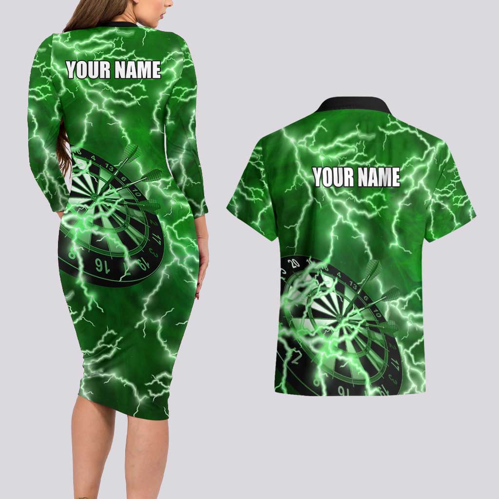 Personalized Darts Lightning Green Storm Couples Matching Long Sleeve Bodycon Dress and Hawaiian Shirt with Electric Energy Pattern and Dartboard Graphics - Wonder Print Shop