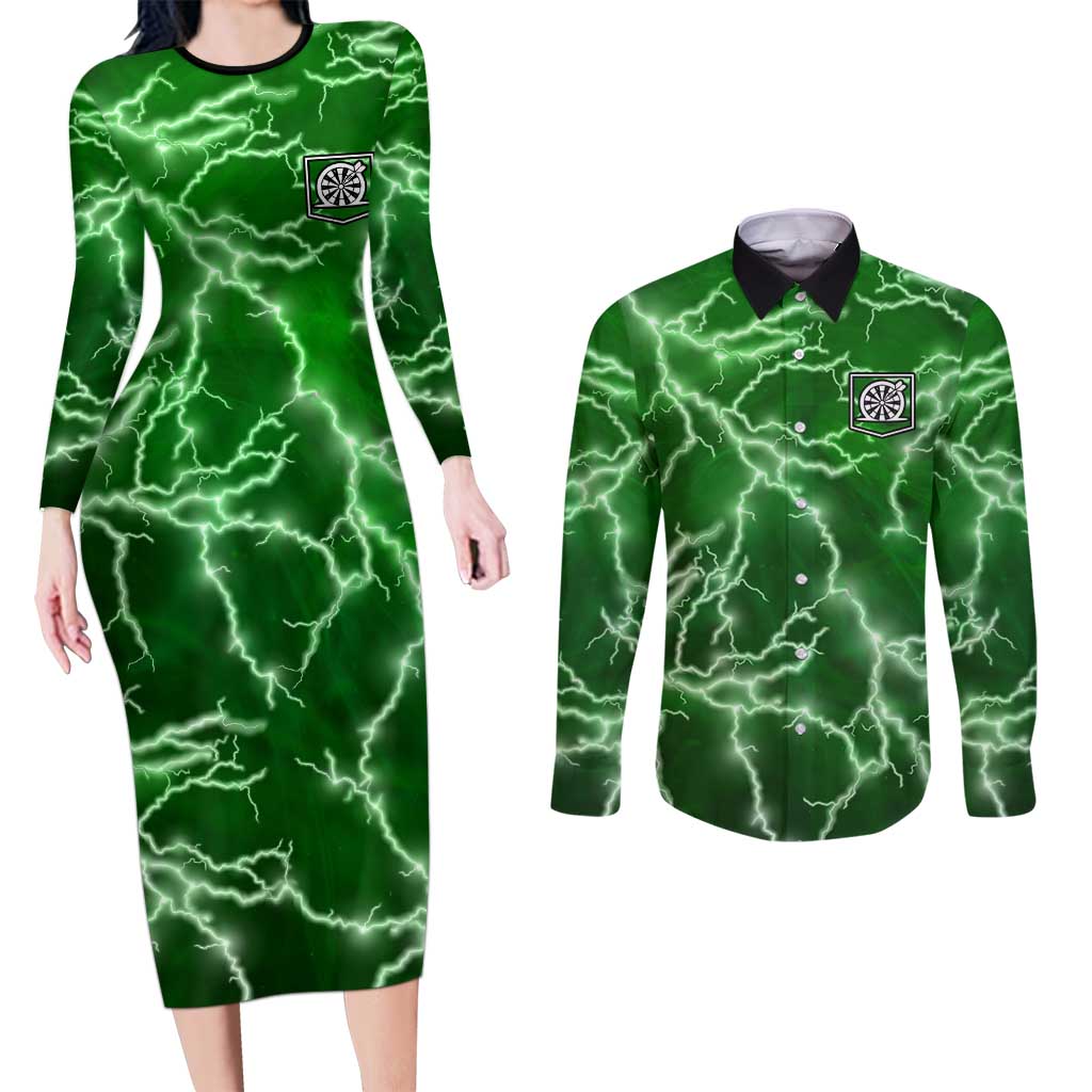 Personalized Darts Lightning Green Storm Couples Matching Long Sleeve Bodycon Dress and Long Sleeve Button Shirt with Electric Energy Pattern and Dartboard Graphics - Wonder Print Shop