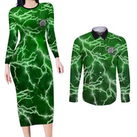 Personalized Darts Lightning Green Storm Couples Matching Long Sleeve Bodycon Dress and Long Sleeve Button Shirt with Electric Energy Pattern and Dartboard Graphics - Wonder Print Shop