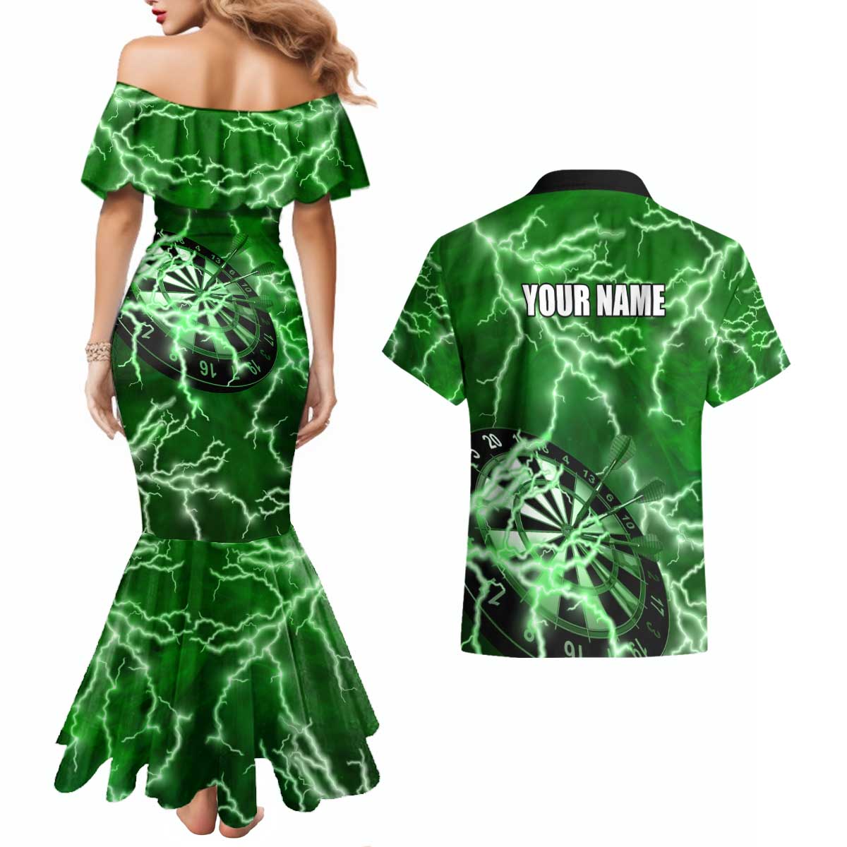 Personalized Darts Lightning Green Storm Couples Matching Mermaid Dress and Hawaiian Shirt with Electric Energy Pattern and Dartboard Graphics - Wonder Print Shop