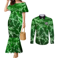 Personalized Darts Lightning Green Storm Couples Matching Mermaid Dress and Long Sleeve Button Shirt with Electric Energy Pattern and Dartboard Graphics - Wonder Print Shop