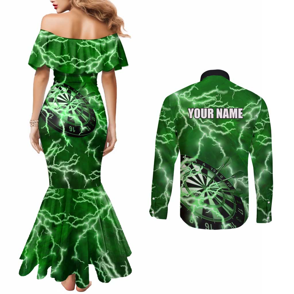 Personalized Darts Lightning Green Storm Couples Matching Mermaid Dress and Long Sleeve Button Shirt with Electric Energy Pattern and Dartboard Graphics - Wonder Print Shop