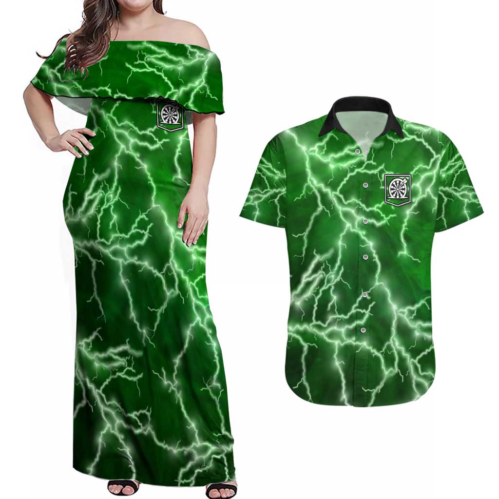 Personalized Darts Lightning Green Storm Couples Matching Off Shoulder Maxi Dress and Hawaiian Shirt with Electric Energy Pattern and Dartboard Graphics - Wonder Print Shop