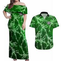 Personalized Darts Lightning Green Storm Couples Matching Off Shoulder Maxi Dress and Hawaiian Shirt with Electric Energy Pattern and Dartboard Graphics - Wonder Print Shop