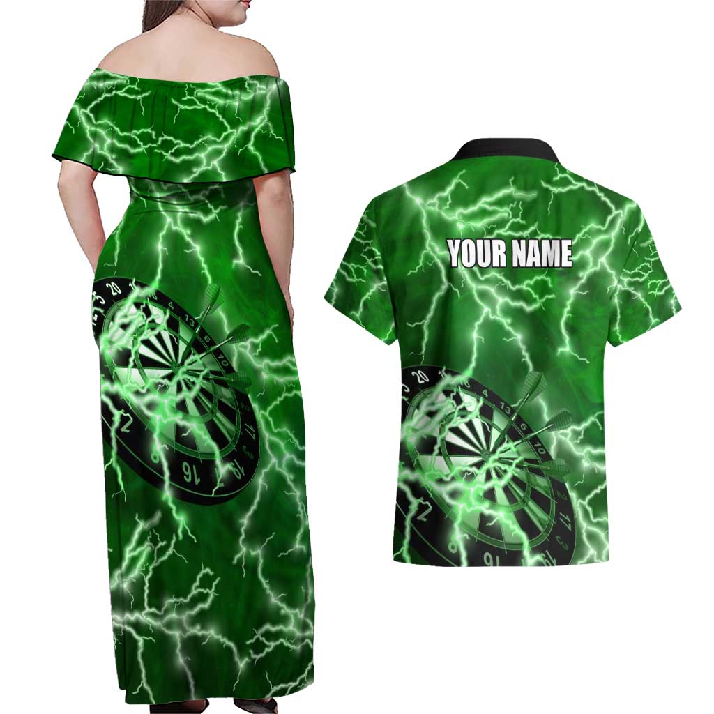 Personalized Darts Lightning Green Storm Couples Matching Off Shoulder Maxi Dress and Hawaiian Shirt with Electric Energy Pattern and Dartboard Graphics - Wonder Print Shop