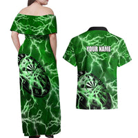Personalized Darts Lightning Green Storm Couples Matching Off Shoulder Maxi Dress and Hawaiian Shirt with Electric Energy Pattern and Dartboard Graphics - Wonder Print Shop