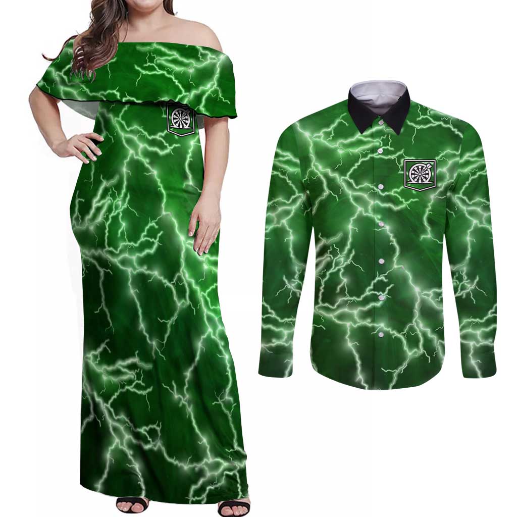 Personalized Darts Lightning Green Storm Couples Matching Off Shoulder Maxi Dress and Long Sleeve Button Shirt with Electric Energy Pattern and Dartboard Graphics - Wonder Print Shop