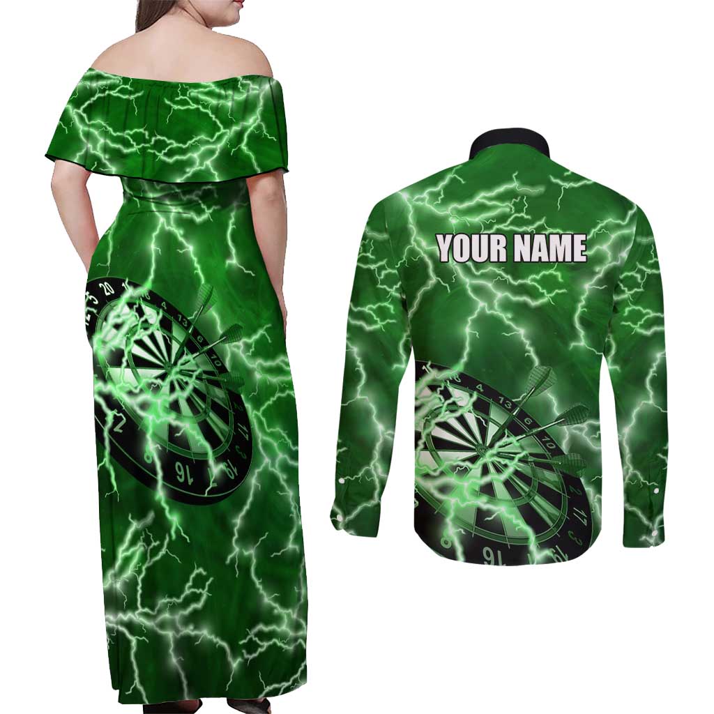 Personalized Darts Lightning Green Storm Couples Matching Off Shoulder Maxi Dress and Long Sleeve Button Shirt with Electric Energy Pattern and Dartboard Graphics - Wonder Print Shop