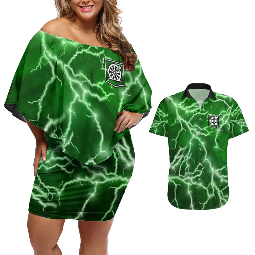 Personalized Darts Lightning Green Storm Couples Matching Off Shoulder Short Dress and Hawaiian Shirt with Electric Energy Pattern and Dartboard Graphics - Wonder Print Shop