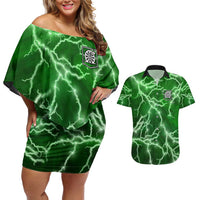 Personalized Darts Lightning Green Storm Couples Matching Off Shoulder Short Dress and Hawaiian Shirt with Electric Energy Pattern and Dartboard Graphics - Wonder Print Shop