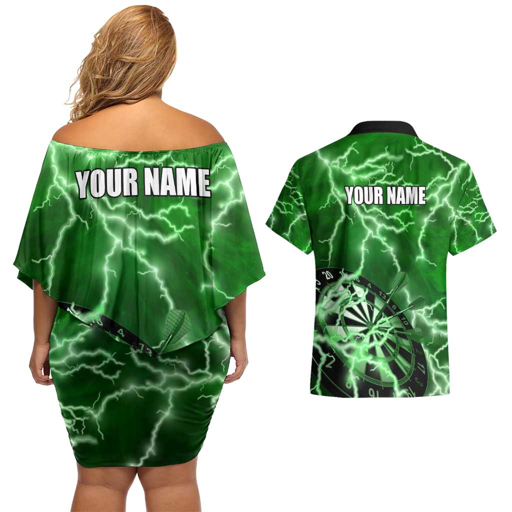 Personalized Darts Lightning Green Storm Couples Matching Off Shoulder Short Dress and Hawaiian Shirt with Electric Energy Pattern and Dartboard Graphics - Wonder Print Shop