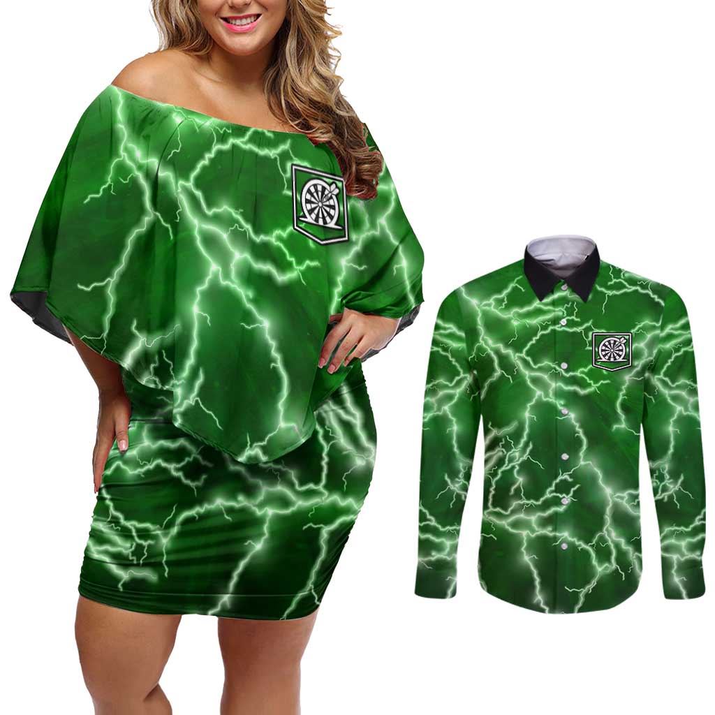Personalized Darts Lightning Green Storm Couples Matching Off Shoulder Short Dress and Long Sleeve Button Shirt with Electric Energy Pattern and Dartboard Graphics - Wonder Print Shop