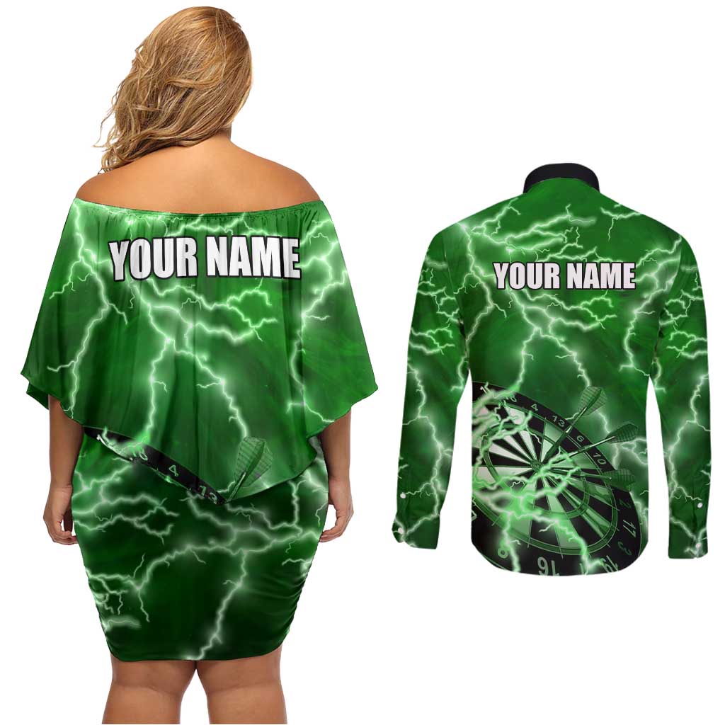 Personalized Darts Lightning Green Storm Couples Matching Off Shoulder Short Dress and Long Sleeve Button Shirt with Electric Energy Pattern and Dartboard Graphics - Wonder Print Shop