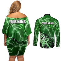 Personalized Darts Lightning Green Storm Couples Matching Off Shoulder Short Dress and Long Sleeve Button Shirt with Electric Energy Pattern and Dartboard Graphics - Wonder Print Shop